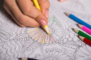 Girl paints a coloring book for adults with crayons - 101636997
