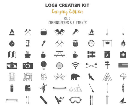 Logo creation kit bundle. Camping Edition set. Travel gear, vector camp symbols and elements. Create your own outdoor label, wilderness retro patch, adventure vintage badges, hiking stamps.