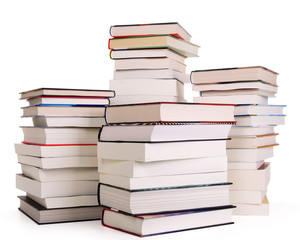Four piles of books isolated on white. Contains clipping path.
