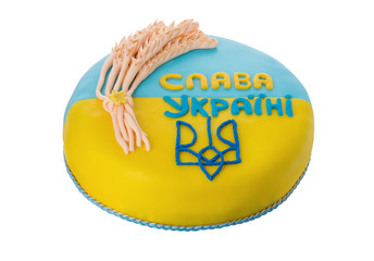 Cake symbol blue yellow Ukrainian flag. Congratulations for a patriot. Glory to Ukraine.