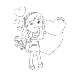 Coloring page outline of girl with rose and with hearts