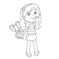 Coloring page outline of girl with bouquet of tulips