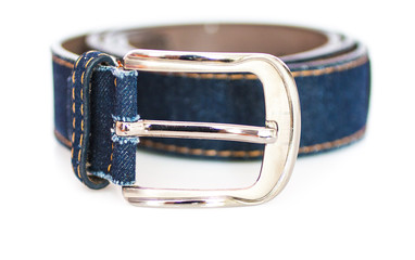denim belt with metal buckle on a white background