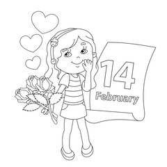 Coloring page outline of girl with flowers. Valentine's day.