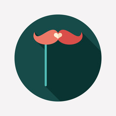 Hipster mustache on a stick flat round icon with long shadows.
