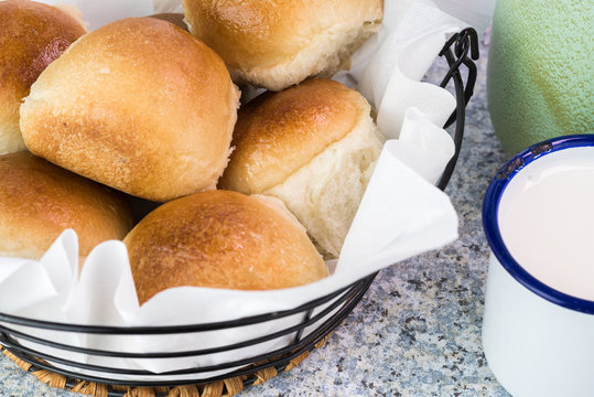 Fresh Baked Dinner Rolls In The Basket.