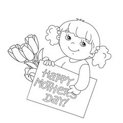 Coloring page outline of girl with card for Mother's Day with fl
