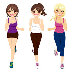 Full body illustration of three beautiful women running together happily