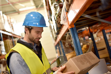 Warehouseman scanning products ready for delivery