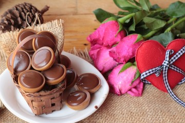 Chocolate and red hearts for valentines day.