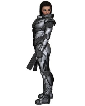 Future Soldier, Female Brunette, Standing - science fiction illustration