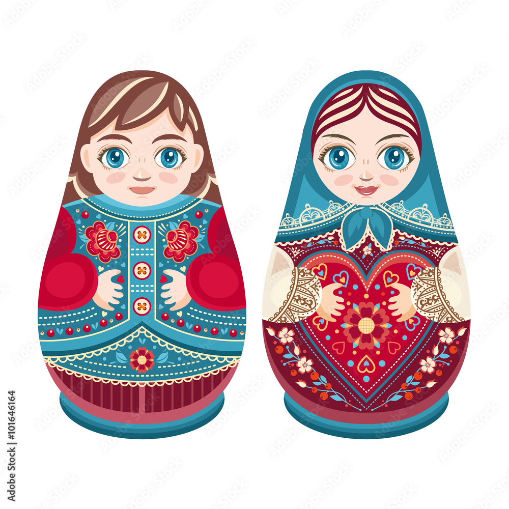 Wall mural Matryoshka. Russian folk nesting doll. Babushka doll. Sweet loving couple. Boy and girl. Vector illustration on white background