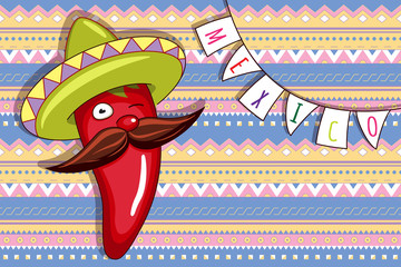 Funny animated chili pepper in bright sombrero. 