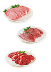 Raw meat. Set, collection of Three Various meat escalope slices, beef, pork, lamb Isolated Against White Background