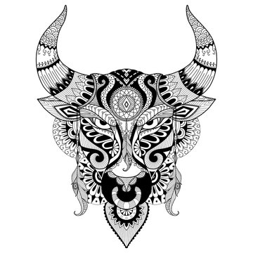 Drawing angry bull for coloring book for adult,tattoo,T- shirt design and other decorations