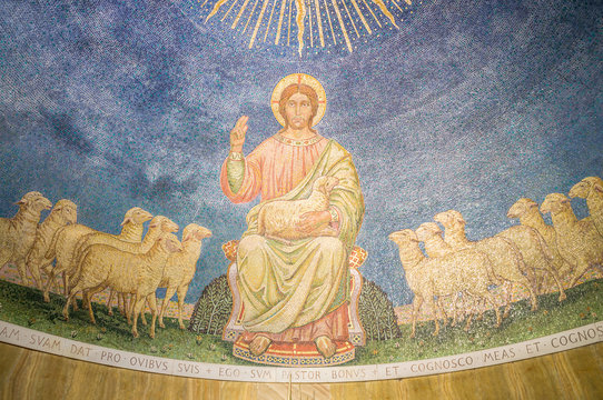 A mosaic of Jesus Christ the Good Shepherd with sheep, in the apse