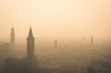 Aerial view of Verona in a foggy day - Verona, Italy