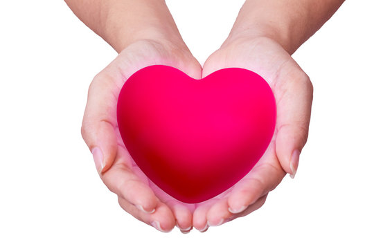 pink heart in man hands, isolated on white background.