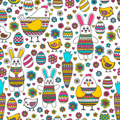 Naklejki  Wielkanocny wzór. Wielkanoc wzór z elementami doodle. Królik, jajka, kura, kurczak, marchew z ręcznie rysowane doodle ornament. Słodkie tło dla projektu Wielkanoc.