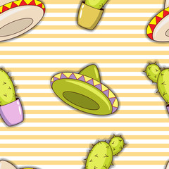 Seamless pattern of colorful cacti and sombreros. 