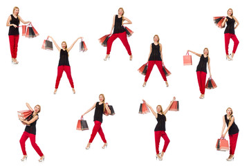 Set of woman with shopping bags on white