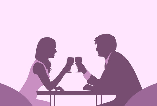 Couple Sitting Cafe Table Romantic Date Violet Color Silhouettes