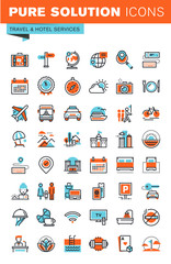 Fototapeta premium Thin line web icons for travel and tourism, hotel facilities, online booking, for websites and mobile websites and apps.