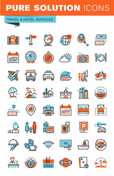 Thin line web icons for travel and tourism, hotel facilities, online booking, for websites and mobile websites and apps.