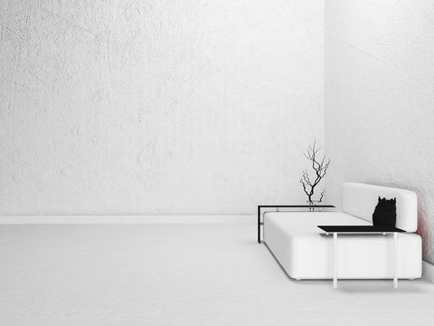 room in white color, sova and a vase