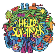 Summer items in cartoon style with hello summer