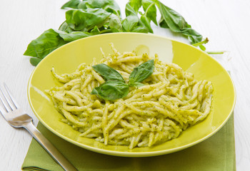 pesto trofie typical ligurian  recipe in green dish