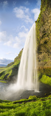 vertical panorama with waterfall and green grass in Iceland