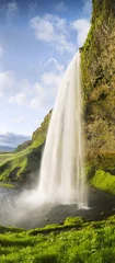 Photo sur Aluminium Cascades panorama vertical avec cascade et herbe verte en Islande