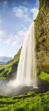 Fototapeta vertical panorama with waterfall and green grass in Iceland