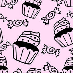 Cupcakes sweets seamless doodle vector pattern
