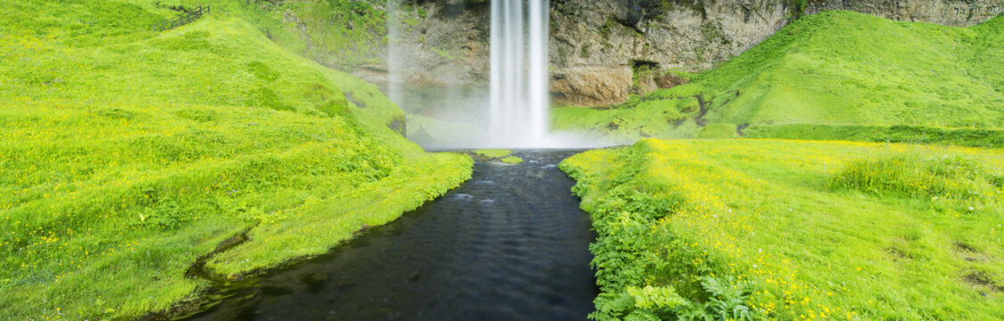 Fototapeta green canyon with black river and white waterfall in Iceland