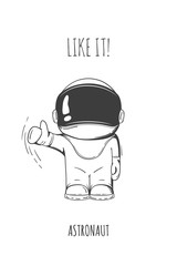 Hand drawn astronaut in spacesuit. Line art cosmic vector illustration. Thumbs up. Like.