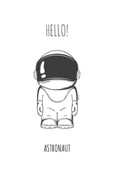 Hand drawn cartoon astronaut in space suit. One died. Line art cosmic vector illustration cosmonaut who stand alone. Concept hello world.