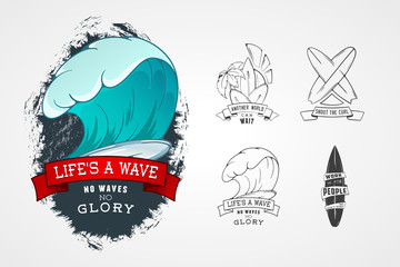 Set of vector patterns for design logos on theme of water, surfing, ocean, sea, palm, ribbon, wave, surfbord. Stylized Design element with lettering.