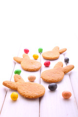 cookies in the shape of a rabbit with chocolate colored eggs