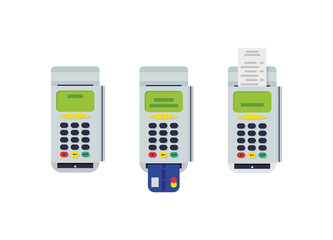 POS terminal with inserted credit card and printed reciept. Modern flat design element. EPS10 vector.