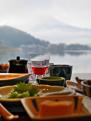 Delicious Dinner with a View of Mountain and Lake 

A table in a restautant with a view of Mt....