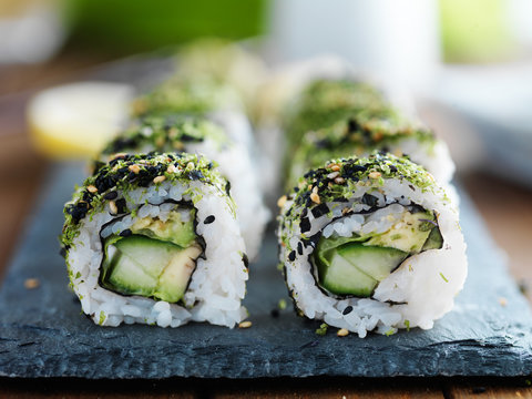 kale, avocado and cucumber sushi