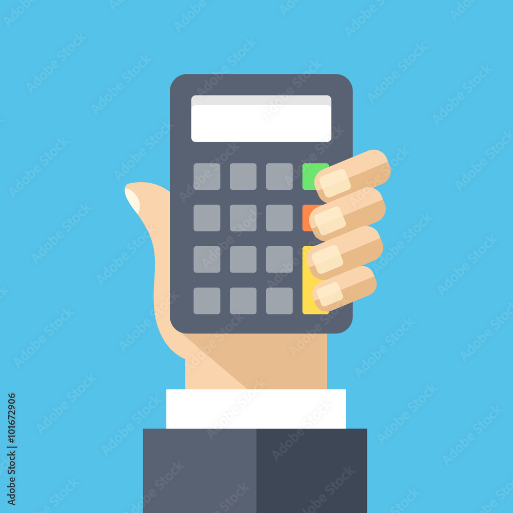 Wall mural hand holds calculator flat illustration. accounting, finance, business earnings