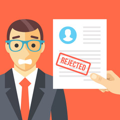 Sad man and rejected application form flat illustration concept