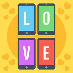 Smartphones with colorful screens and letters love flat illustration