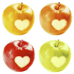 Collage of apples with heart isolated on white