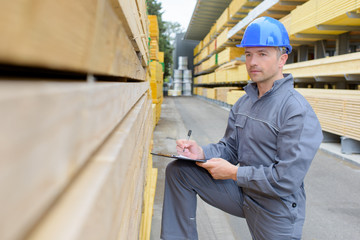 Man with clipboard assessing stack of wood