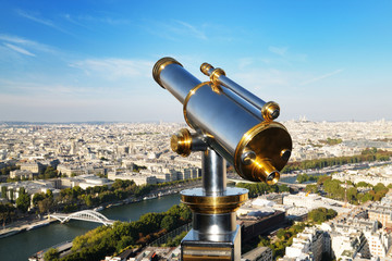 view of Paris from telescope Eiffel tower and sacre coeur at horizon