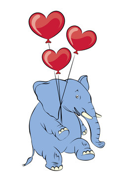 Illustration of a cheerful pink elephant with balloons in the form of heart. Valentine Card, Valentine Label. Vector Illustration EPS 8